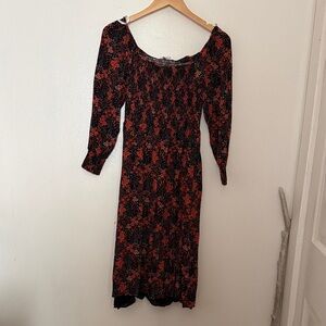 DR2 Black Midi Dress with Red Floral Print